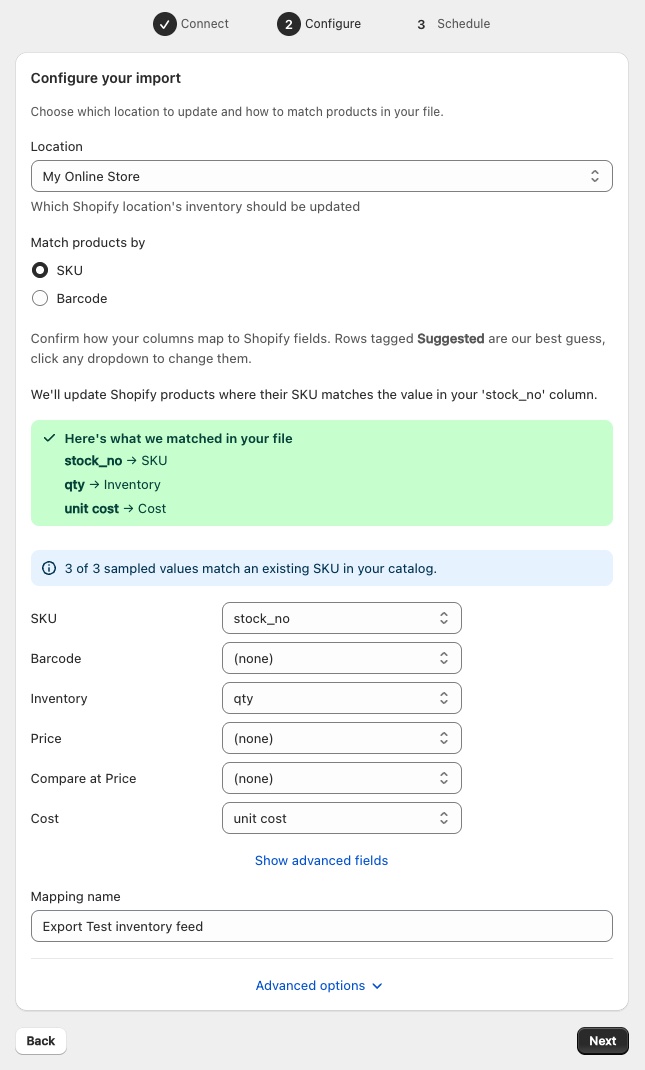 Simple Inventory Configure step: a Location dropdown set to My Online Store, a Match products by SKU or Barcode choice, a green summary mapping stock_no to SKU, qty to Inventory and unit cost to Cost, and a banner reading 3 of 3 sampled values match an existing SKU in your catalog