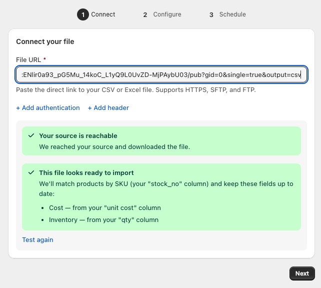 Simple Inventory Connect step: a File URL field holding a Google Sheets output=csv link, with green confirmations that the source is reachable and will match products by SKU and update cost and inventory