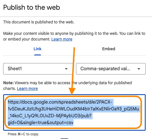Published Google Sheet showing the generated CSV link ending in output=csv, highlighted and ready to copy