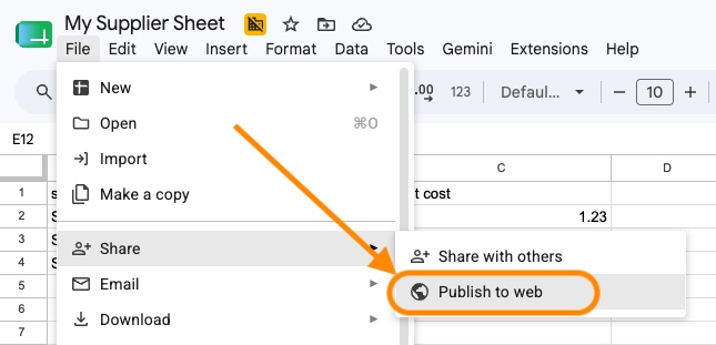 Google Sheets File menu open with the Share submenu expanded and Publish to web highlighted