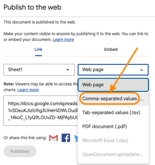 Publish to web dialog with the format dropdown open and Comma-separated values selected instead of Web page