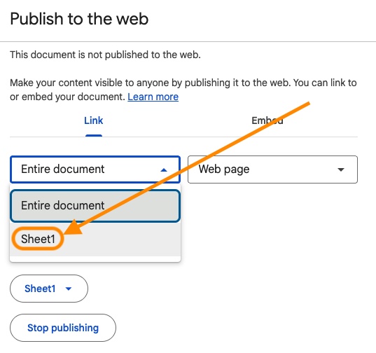 Publish to web dialog with the tab dropdown open, switching from Entire document to Sheet1