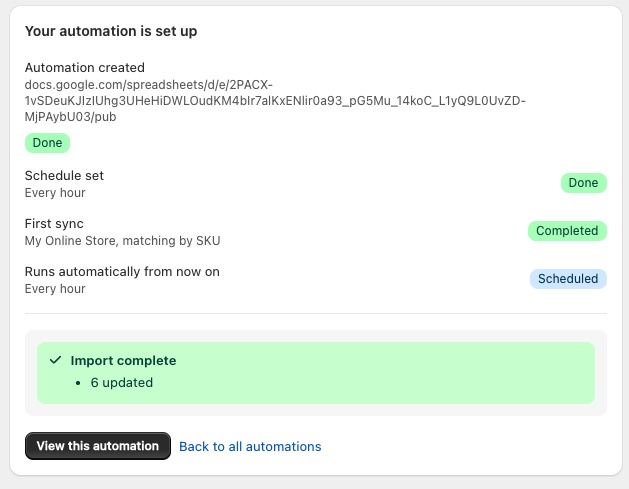 Simple Inventory automation-complete panel: Automation created marked Done, Schedule set to every hour, first sync to My Online Store matching by SKU marked Completed, runs automatically from now on, and an Import complete summary reading 6 updated