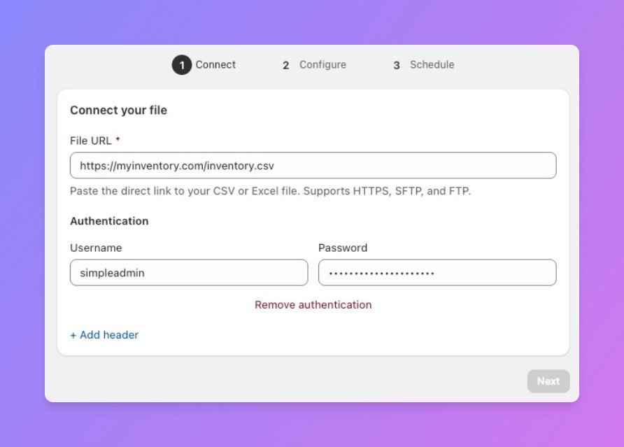 Simple Inventory's Connect step: a File URL field for a supplier feed supporting HTTPS, SFTP, and FTP, with username and password fields for authentication